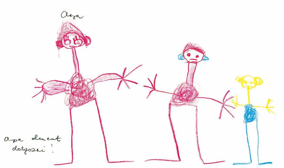 This family drawing features the mother, the child and the younger sibling. The father is missing from the drawing because “he has gone to work”. The omission of individual family members is a proven indicator of conflict with the person concerned (e.g. Corman, 1965, 1970).